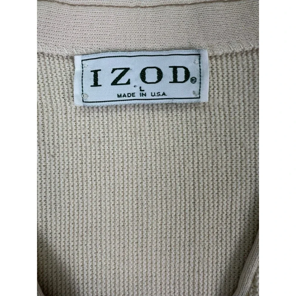 Vintage IZOD Cardigan Sweater L Made In USA Cream Knit‎ Crest Logo Preppy 80’s